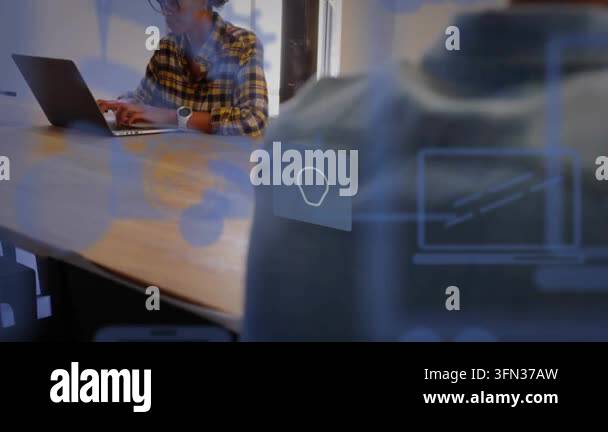 Animation of media icons and spots over businesswoman using unk. Global ...