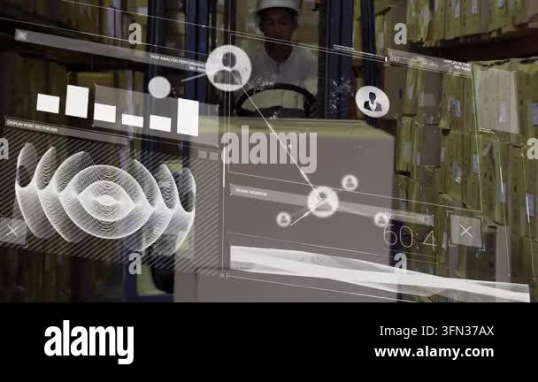Animation of data processing and network of icons over male worker ...
