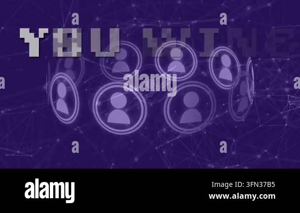 Animation of data processing and you win text over blue background ...