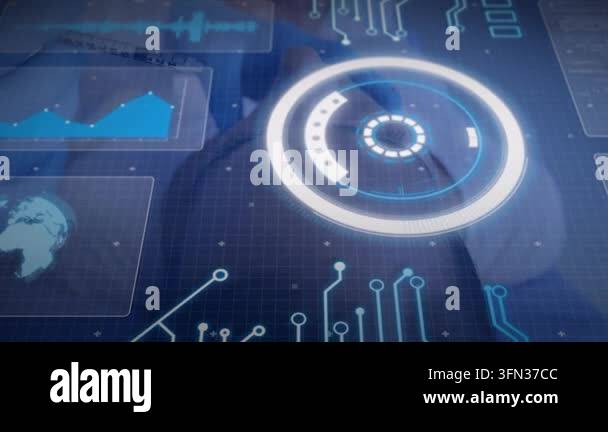 Animation of futuristic digital interface with circular graphics on ...
