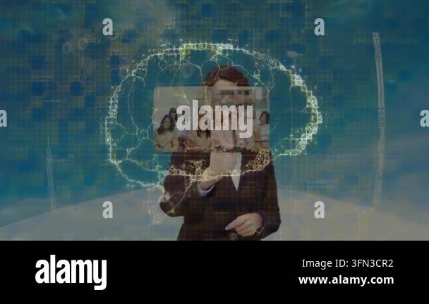 Animation of brain over diverse business people and clouds. Global ...