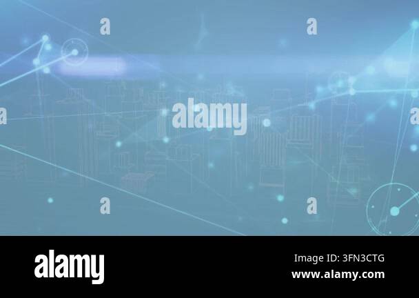 Animation of network of connections over cityscape spinning. Global ...