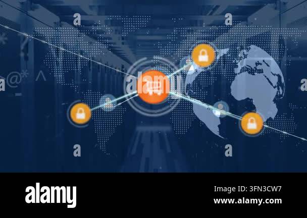 Animation of network of connections with icons and data processing over ...