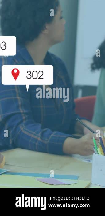 Vertical video: Woman writing while presenting, sparking icons ...