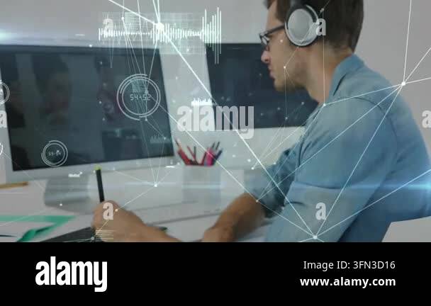 Animation of network of connections over caucasian male graphic ...