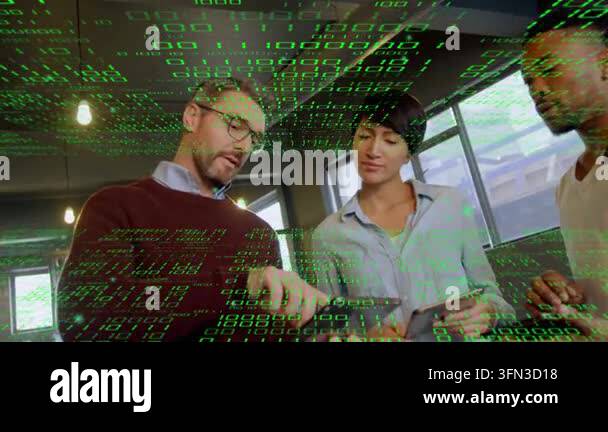 Left man pointing, team tapping tablet and scrolling phone, analyzing ...