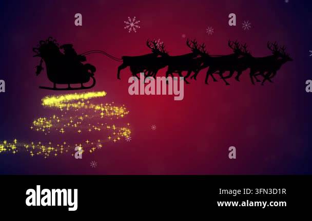 Animation of santa in sleigh over christmas tree. Christmas ...