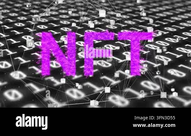 Animation of data processing over nft text. Global business and digital ...