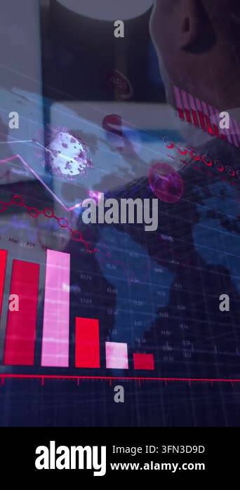 Vertical video: Analyst turning to PC while data driving bars and virus ...