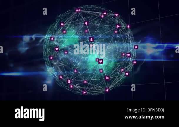 Animation of globe of digital icons over blue digital wave against ...