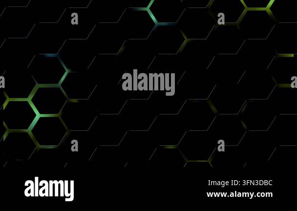 Animated dark hexagon grid with glowing green and blue lines creating a ...