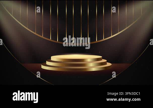 3D animation of a luxury round golden podium with shining light rays ...