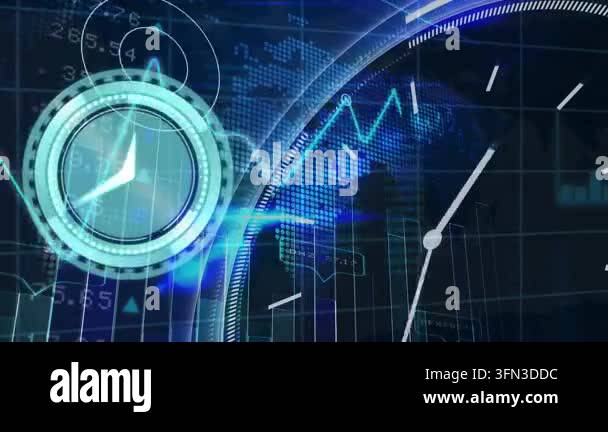 Animation of clock moving over purple digital interface over clock ...