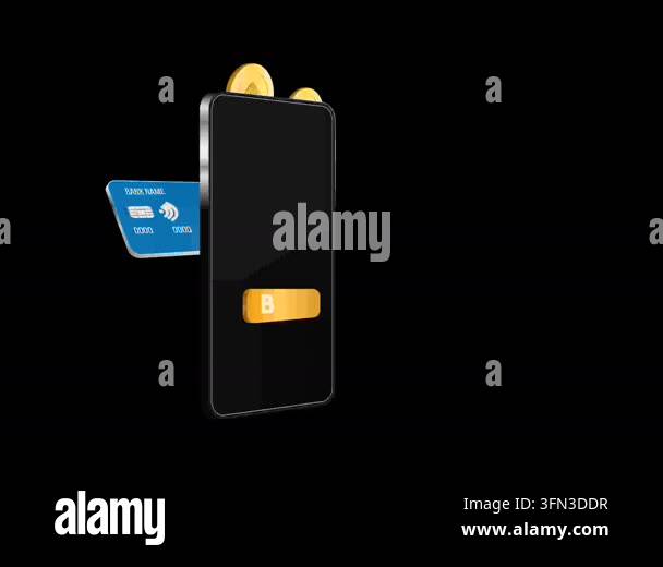 3D animation of a smartphone with credit card, gold coins and buy ...