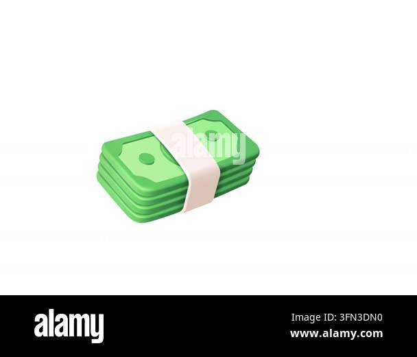 3D animation of green cash bundles stacking and increasing on white ...