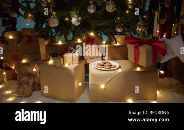 Gifts Boxes with cookies for santa Claus under the Christmas tree Stock ...