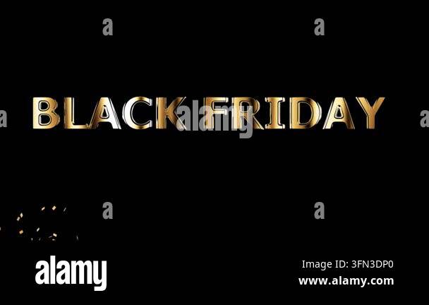 Golden Black Friday text with sparkling particles and confetti on dark ...