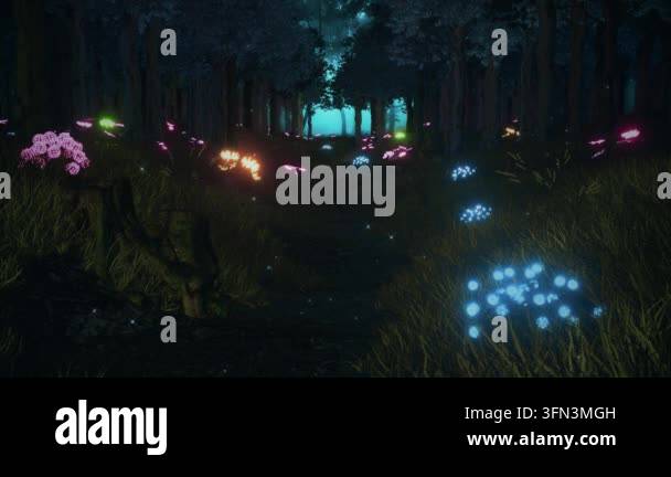 A magical forest path at night with glowing, colorful flowers and ...