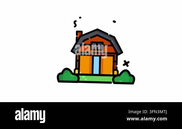 Animated orange barn with brown roof and chimney, surrounded by green ...
