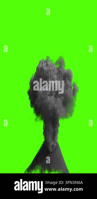 Powerful volcano erupting, sending a thick column of black smoke and ...