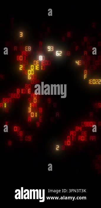 Luminous red and yellow hexadecimal code flowing through a digital ...