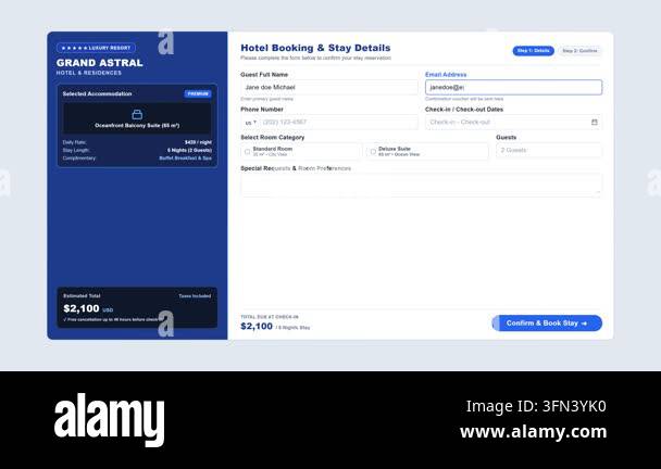 Clean blue and white UI mockup of a hotel booking form being filled out ...