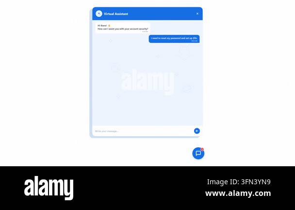 Animated sequence showing a virtual assistant chat box with blue speech ...