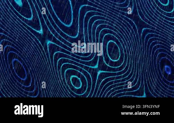 Shimmering neon blue lines form a topographic map pattern against a ...