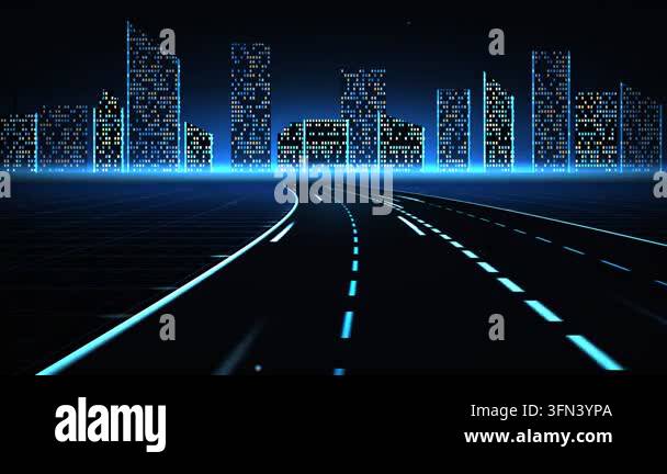 A dark digital scene featuring a neon blue highway with glowing light ...