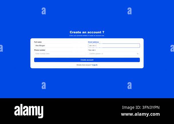 Animation of a registration form on a blue background showing field ...
