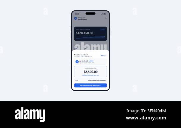 A sleek mobile banking interface showing a money transfer journey from ...