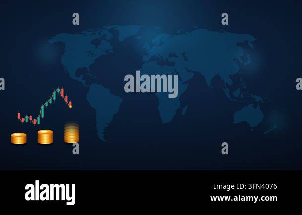 Gold coins stack up to form a bar chart against a dark blue world map ...