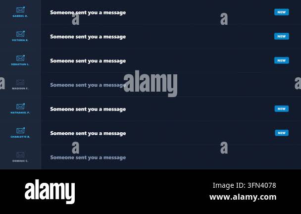 Dark blue digital interface with glowing new message alerts appearing ...