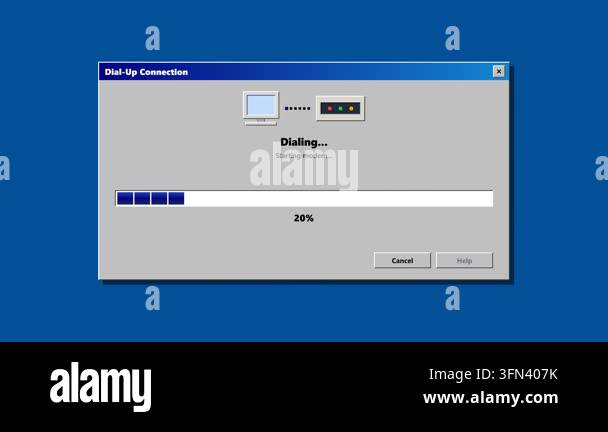 Retro grey dial-up window with a blue progress bar filling on a solid ...