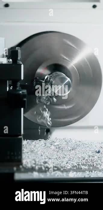 Close-up of metal turning process on an industrial lathe machine with a ...