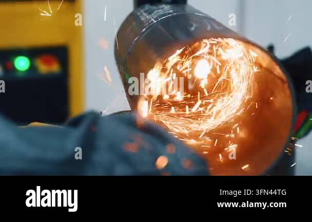 Close-up of metal grinding with bright sparks during industrial ...