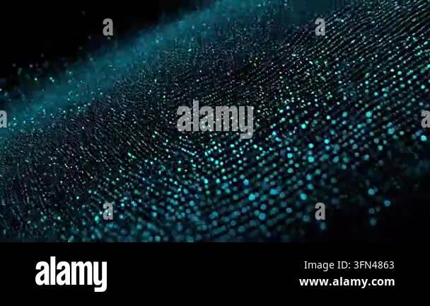Glowing teal particles form a wavy abstract in space on a black ...