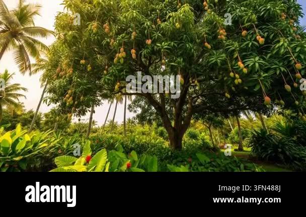 A large mango tree full of ripe fruit in a tropical garden Stock Video ...