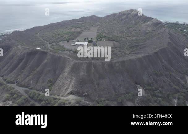 Volcantic Rocks Aerial view encompassing large volcanic crater with buildings inside ...