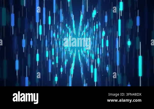 Abstract digital tunnel with glowing blue and cyan bars moving towards ...