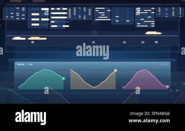 Abstract digital interface displaying stock market graphs and data ...