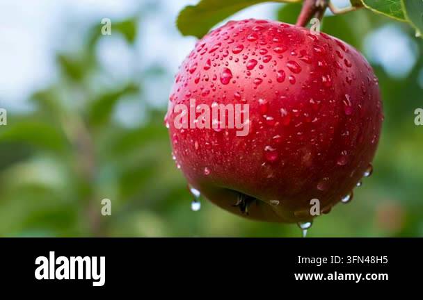 Vibrant red apple hanging on tree, covered in refreshing water droplets ...