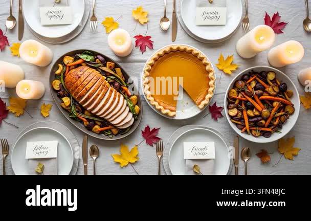 Traditional Thanksgiving dinner with roasted turkey and pumpkin pie ...