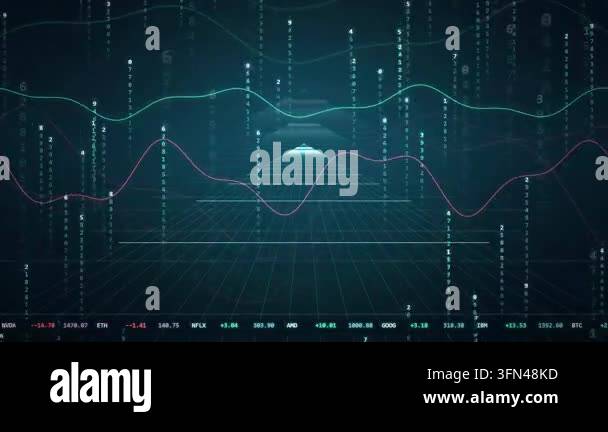 Abstract digital tunnel with glowing lines and falling numbers ...