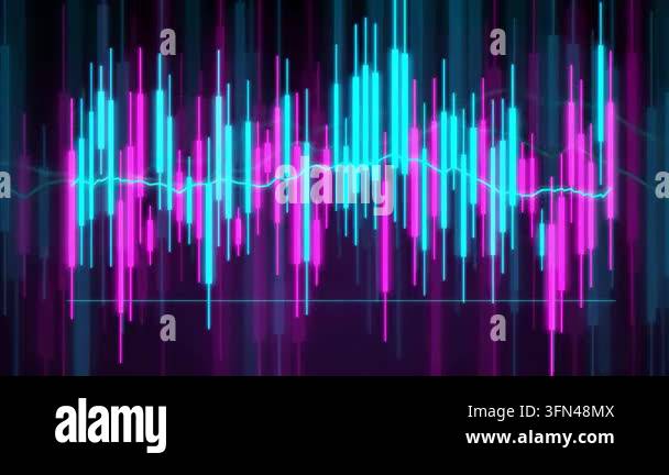 Abstract neon stock chart with fluctuating bars and line graph in pink ...