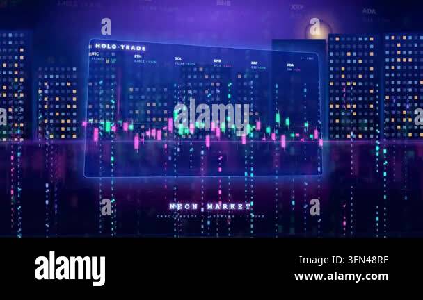 Futuristic holographic stock market data display with glowing neon city ...
