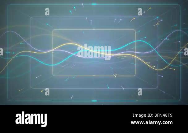 Abstract digital waves and particles flow through a futuristic grid ...