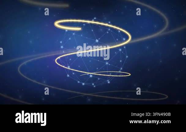 Abstract glowing spiral light trails moving around a digital globe with ...