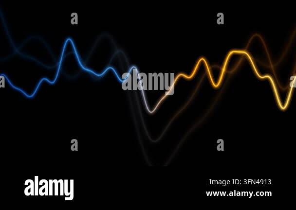 Abstract glowing neon sound wave lines moving on black background, blue ...