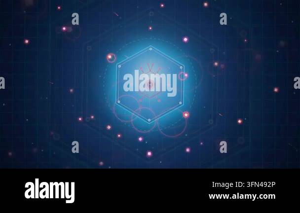 Abstract digital background with glowing hexagon and particles, motion ...